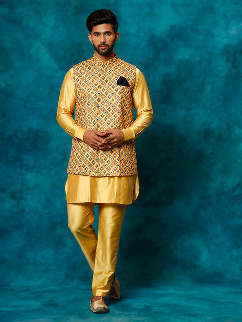 Vastramay Men's Mustard Geometric Printed Nehru Jacket With Curved Kurta And Pant Set